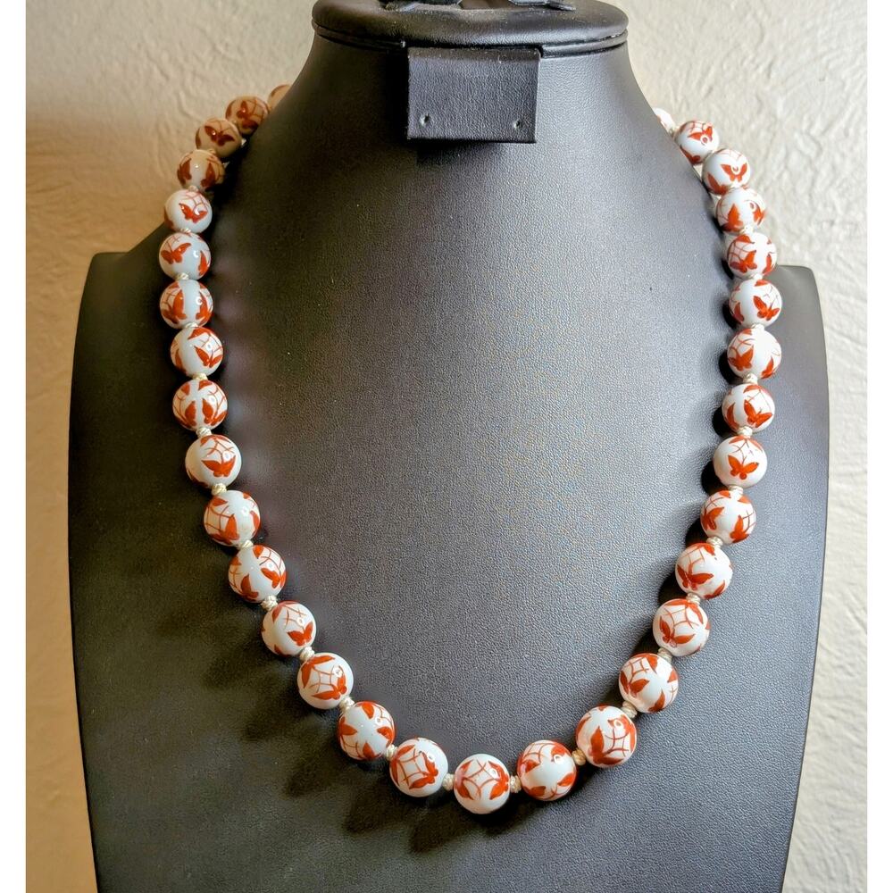 Vintage Mid Century Japanese Porcelain Butterfly Bead Hand-knotted 26" Necklace
